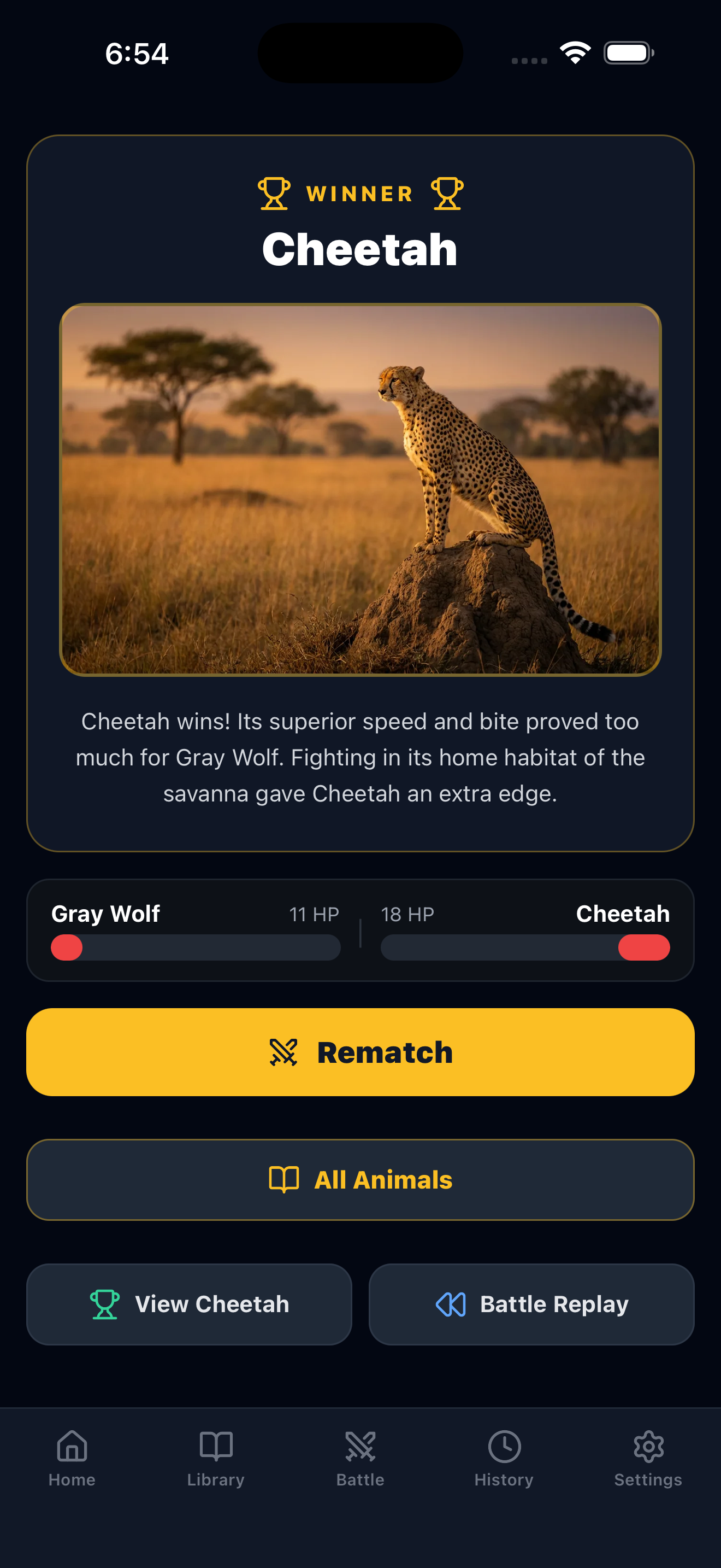 Winner screen explaining why the animal won